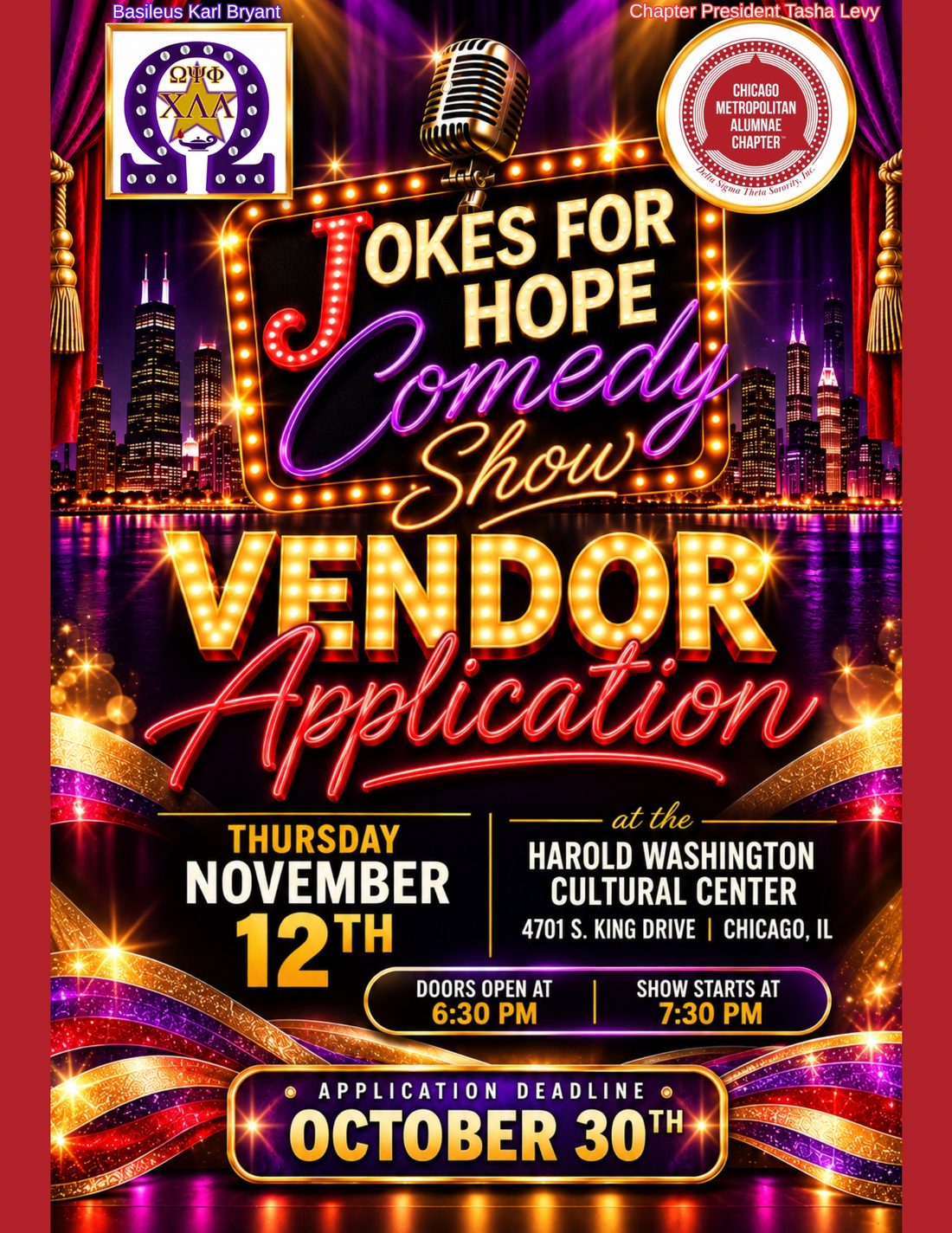 Jokes for Hope Comedy Show vendor application flyer: Thursday, November 12 at the Harold Washington Cultural Center, doors 6:30 PM, show 7:30 PM. Application deadline October 30.