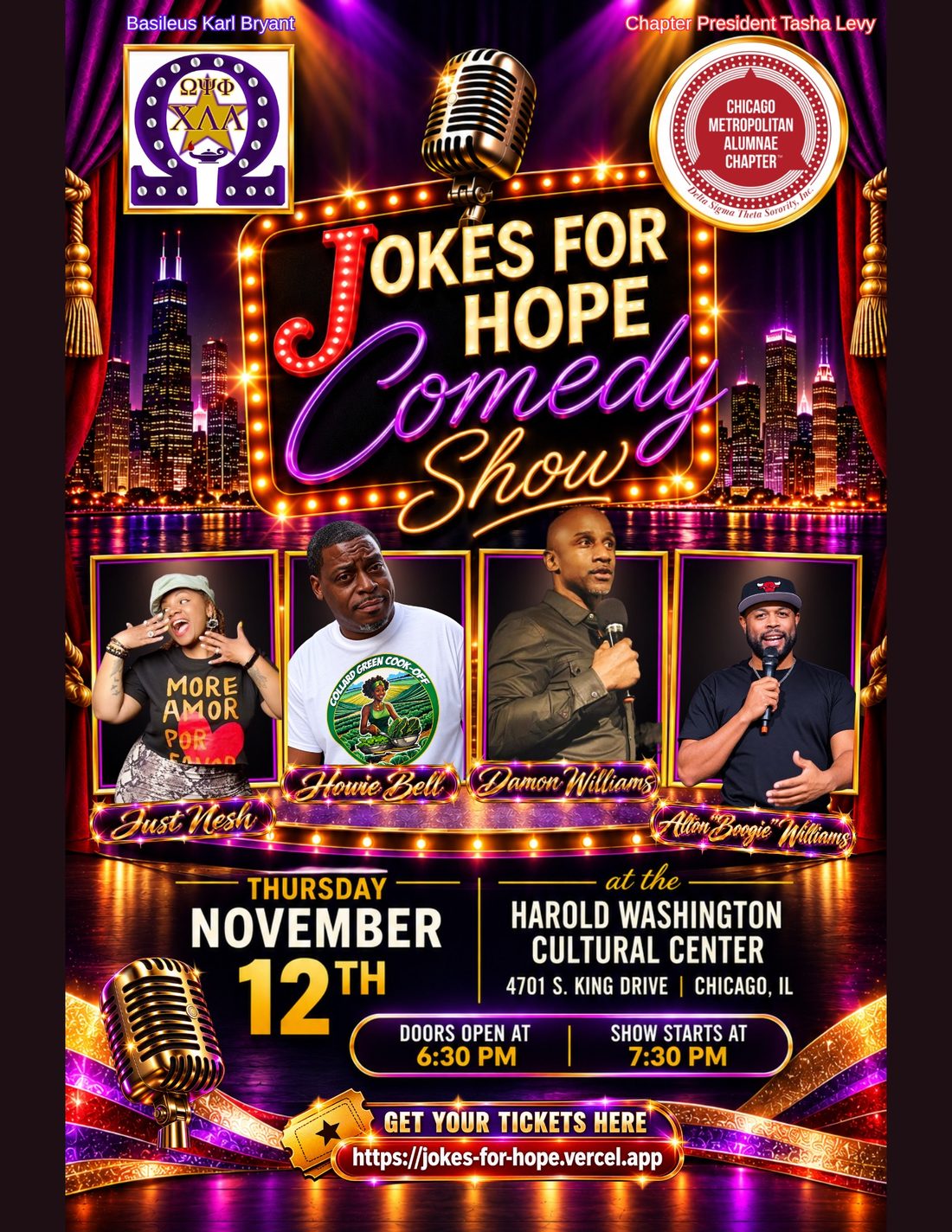 Jokes for Hope Comedy Show flyer: Thursday, November 12 at the Harold Washington Cultural Center, 4701 S. King Drive, Chicago. Doors 6:30 PM, show 7:30 PM. Damon Williams, Just Nesh, Alton “Boogie” Williams, and host Howie Bell. Presented by Chi Lambda Lambda Chapter of Omega Psi Phi and the Chicago Metropolitan Alumnae Chapter of Delta Sigma Theta.